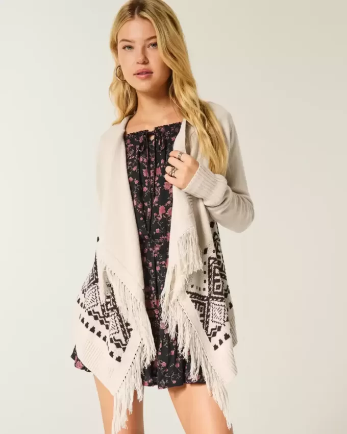 Cardigan ușor cu franjuri fără închidere Cardigan ușor cu franjuri fără închidere