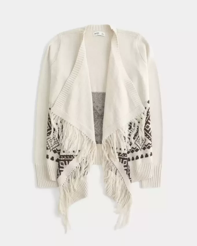 Cardigan ușor cu franjuri fără închidere Cardigan ușor cu franjuri fără închidere
