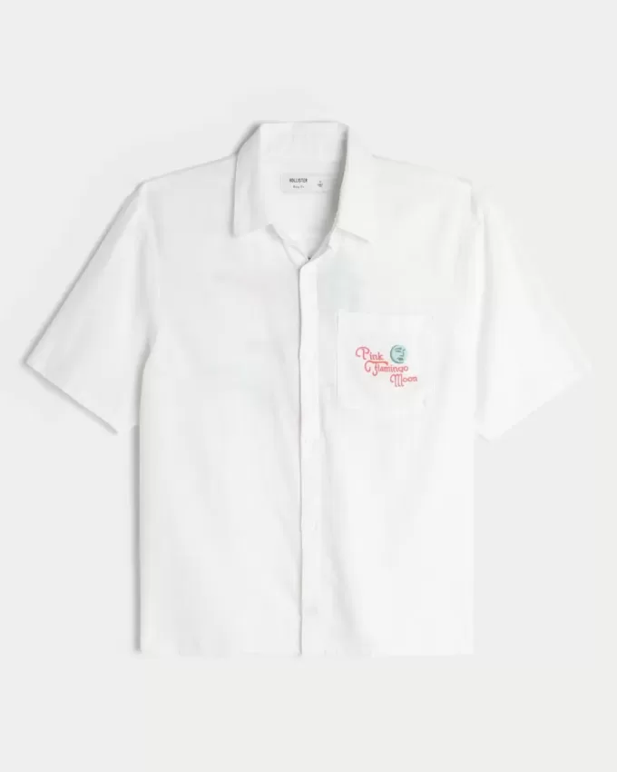 Cămașă cu mânecă scurtă cu mânecă scurtă, în amestec de in, cu grafică Flamingo Moon Cămașă cu mânecă scurtă cu mânecă scurtă, în amestec de in, cu grafică Flamingo Moon