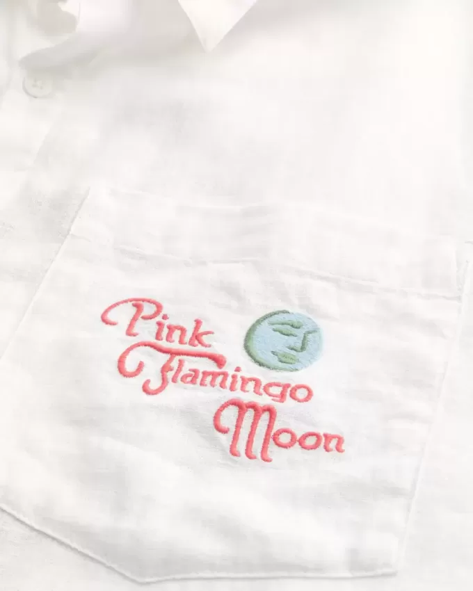 Cămașă cu mânecă scurtă cu mânecă scurtă, în amestec de in, cu grafică Flamingo Moon Cămașă cu mânecă scurtă cu mânecă scurtă, în amestec de in, cu grafică Flamingo Moon