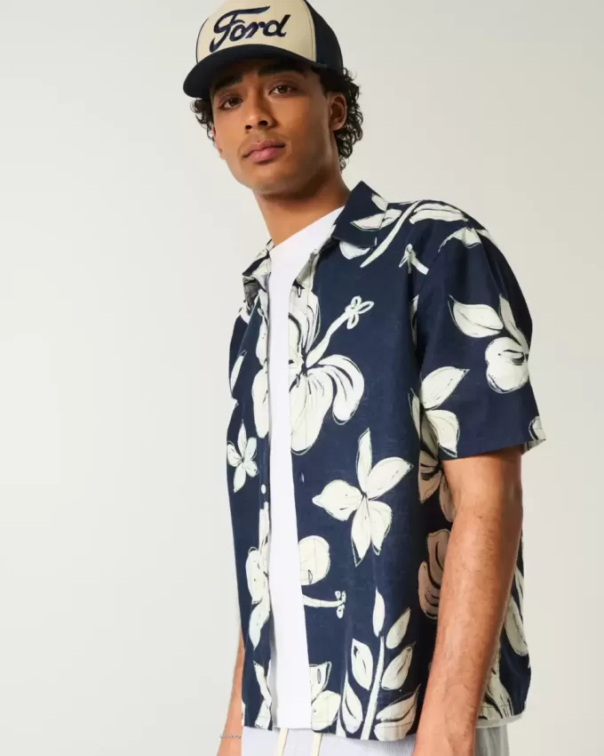 Cămașă din amestec de in cu model tropical Cămașă din amestec de in cu model tropical