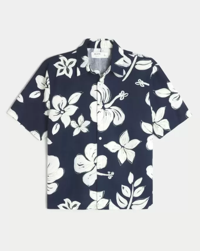 Cămașă din amestec de in cu model tropical Cămașă din amestec de in cu model tropical