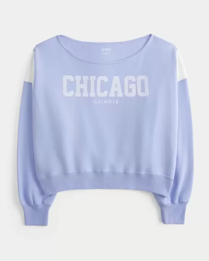 Hanorac cu grafic Chicago cu umăr ușor Hanorac cu grafic Chicago cu umăr ușor