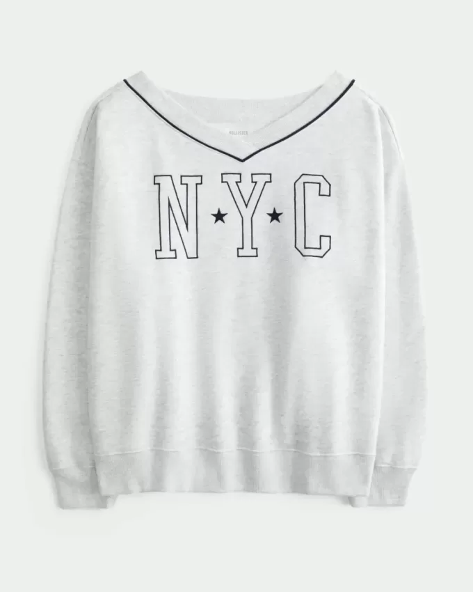 Hanorac supradimensionat cu decolteu în V grafic NYC Hanorac supradimensionat cu decolteu în V grafic NYC