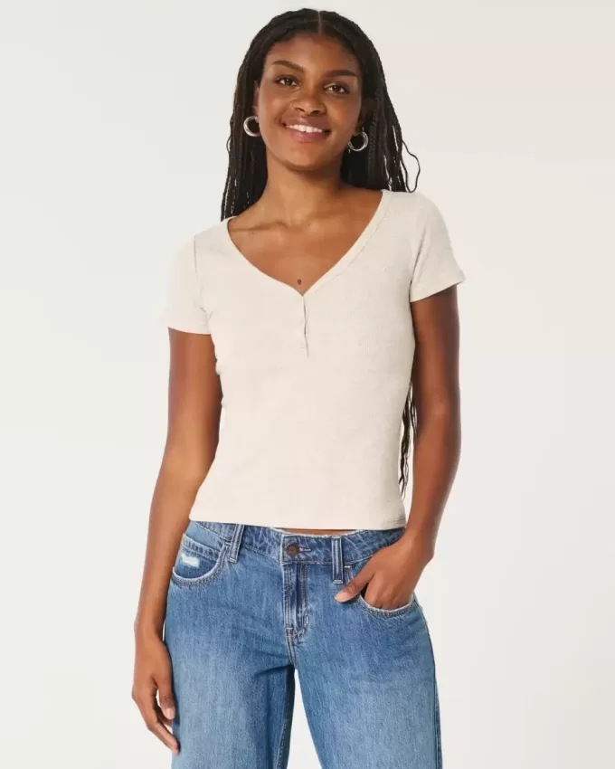 Henley cu mânecă scurtă cu nervuri Henley cu mânecă scurtă cu nervuri