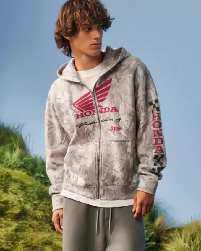 Hoodie cu fermoar cu grafic Honda Racing Boxy Hoodie cu fermoar cu grafic Honda Racing Boxy