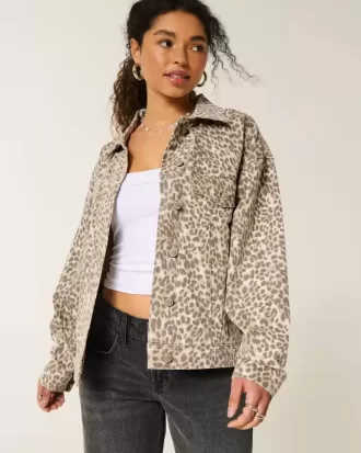 Jachetă din denim cu imprimeu leopard