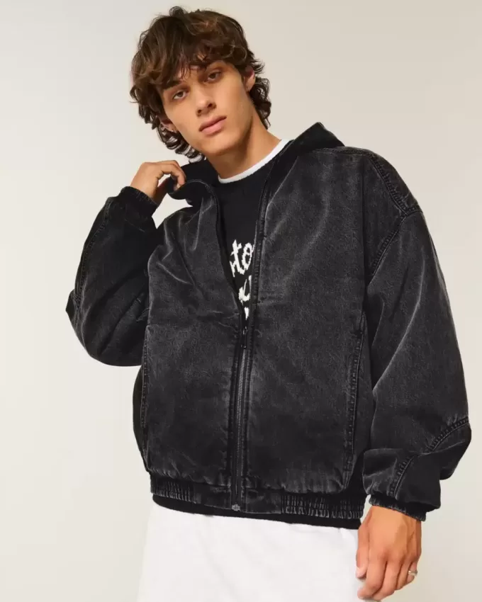 Jachetă skater din denim negru spălat
