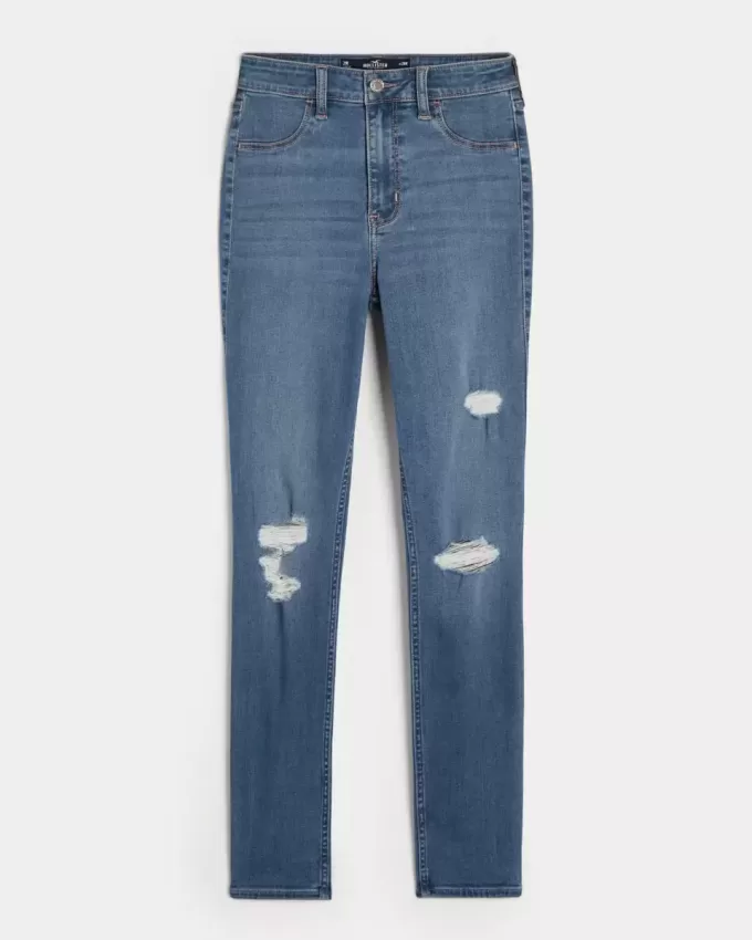 Jambiere de jeans cu spalare medie, cu talie mare Jambiere de jeans cu spalare medie, cu talie mare