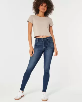 Jambiere de jeans cu talie mare cu spalare medie Jambiere de jeans cu talie mare cu spalare medie