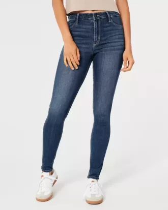 Jambiere de jeans cu talie mare cu spalare medie Jambiere de jeans cu talie mare cu spalare medie