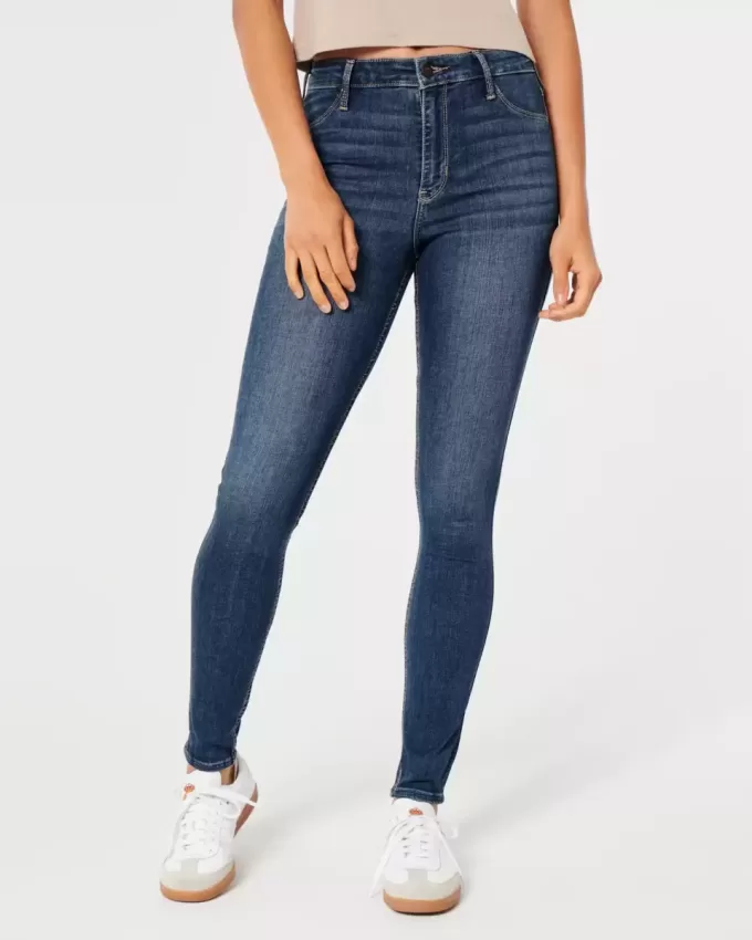 Jambiere de jeans cu talie mare cu spalare medie Jambiere de jeans cu talie mare cu spalare medie