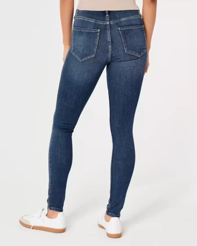 Jambiere de jeans cu talie mare cu spalare medie Jambiere de jeans cu talie mare cu spalare medie