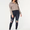 Jambiere de jeans cu talie înaltă, rupte, întunecate Jambiere de jeans cu talie înaltă, rupte, întunecate
