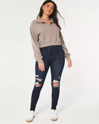 Jambiere de jeans cu talie înaltă, rupte, întunecate