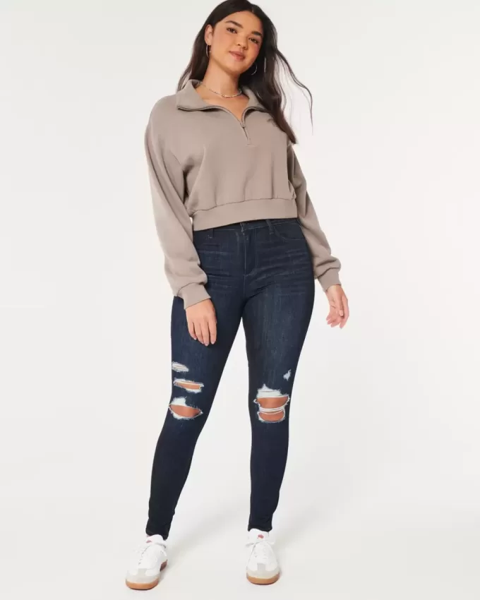 Jambiere de jeans cu talie înaltă, rupte, întunecate Jambiere de jeans cu talie înaltă, rupte, întunecate