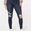 Jambiere de jeans cu talie înaltă, rupte, întunecate Jambiere de jeans cu talie înaltă, rupte, întunecate