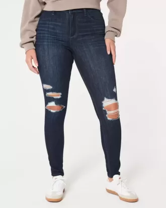 Jambiere de jeans cu talie înaltă, rupte, întunecate