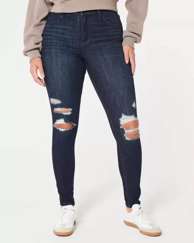 Jambiere de jeans cu talie înaltă, rupte, întunecate Jambiere de jeans cu talie înaltă, rupte, întunecate