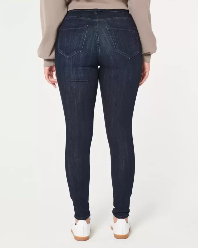 Jambiere de jeans cu talie înaltă, rupte, întunecate Jambiere de jeans cu talie înaltă, rupte, întunecate