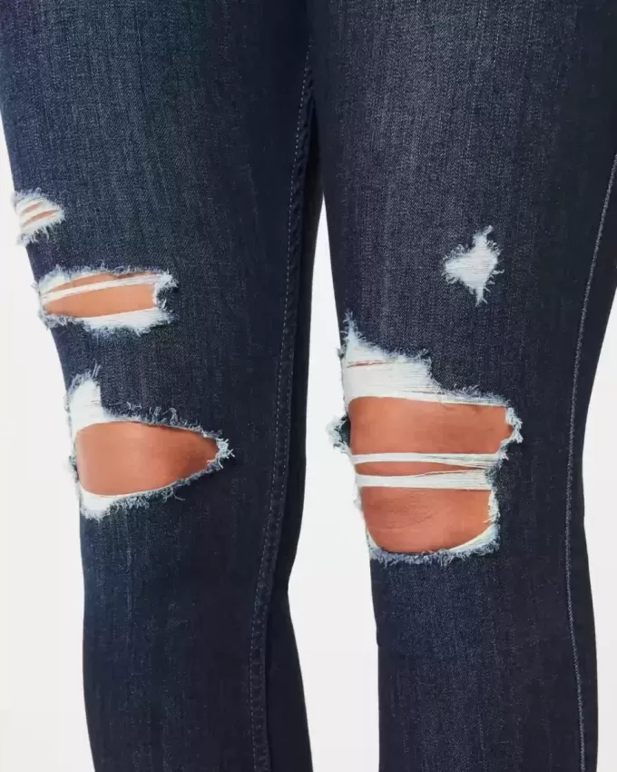 Jambiere de jeans cu talie înaltă, rupte, întunecate Jambiere de jeans cu talie înaltă, rupte, întunecate