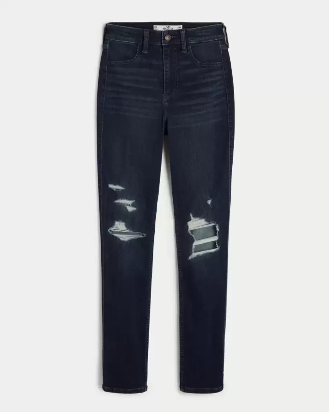 Jambiere de jeans cu talie înaltă, rupte, întunecate Jambiere de jeans cu talie înaltă, rupte, întunecate