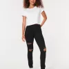 Jambiere de jeans negri rupte cu talie mare Jambiere de jeans negri rupte cu talie mare