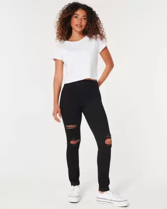 Jambiere de jeans negri rupte cu talie mare Jambiere de jeans negri rupte cu talie mare