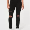 Jambiere de jeans negri rupte cu talie mare Jambiere de jeans negri rupte cu talie mare