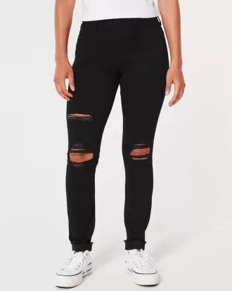 Jambiere de jeans negri rupte cu talie mare Jambiere de jeans negri rupte cu talie mare