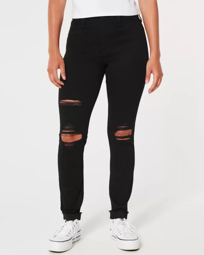 Jambiere de jeans negri rupte cu talie mare Jambiere de jeans negri rupte cu talie mare