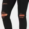 Jambiere de jeans negri rupte cu talie mare Jambiere de jeans negri rupte cu talie mare