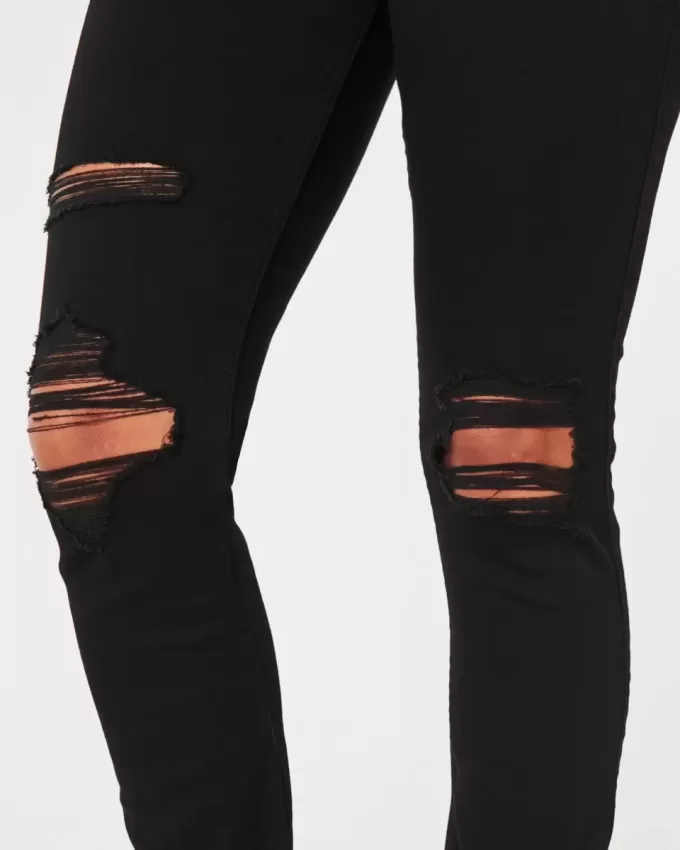 Jambiere de jeans negri rupte cu talie mare Jambiere de jeans negri rupte cu talie mare
