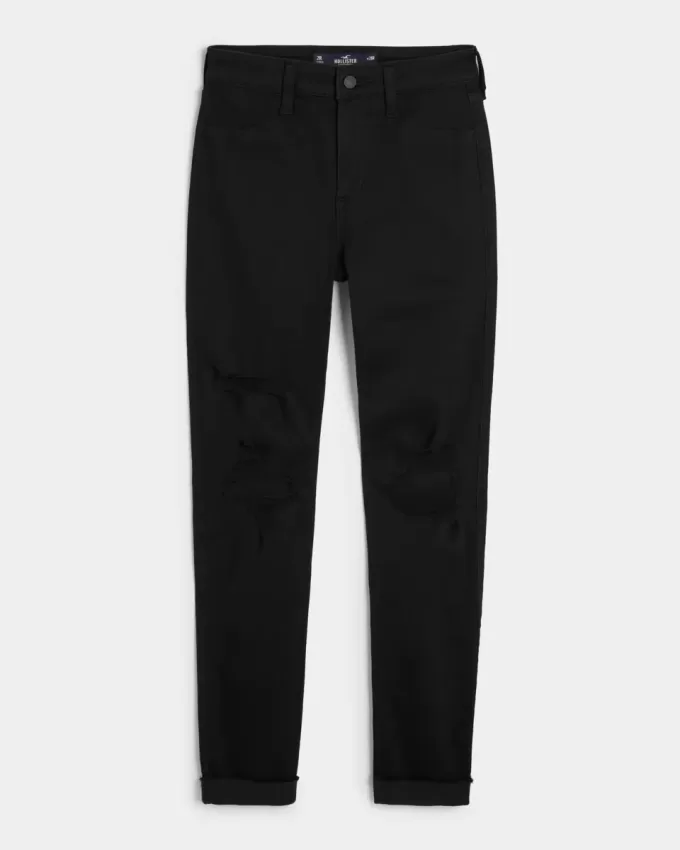 Jambiere de jeans negri rupte cu talie mare Jambiere de jeans negri rupte cu talie mare