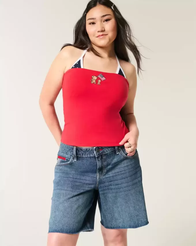Jort cu talie joasă, spalat întunecat, cu steagul american, baggy Jort Jort cu talie joasă, spalat întunecat, cu steagul american, baggy Jort