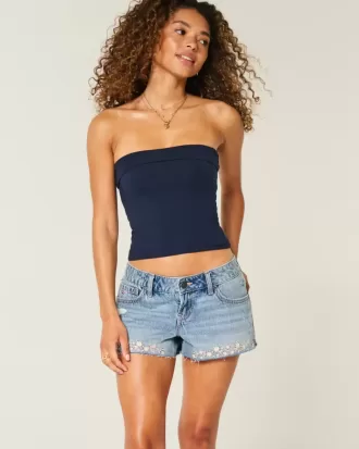 Mini pantaloni scurți din denim brodat cu talie foarte joasă