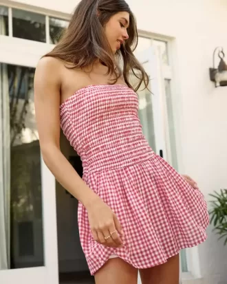 Mini rochie fără bretele cu corset smocked