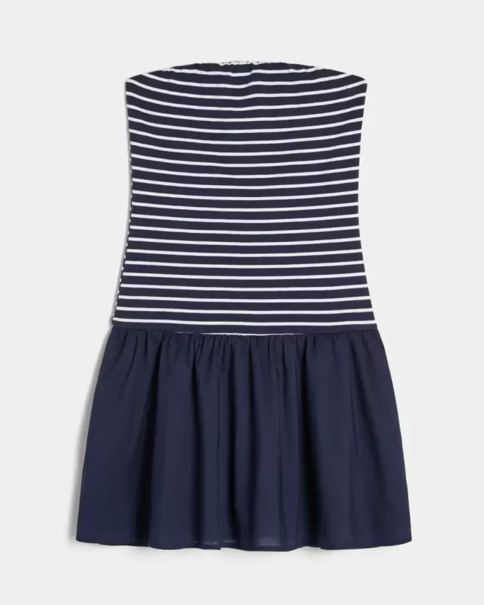 Mini-rochie fără bretele, țesătă din tricot, cu talie căzută