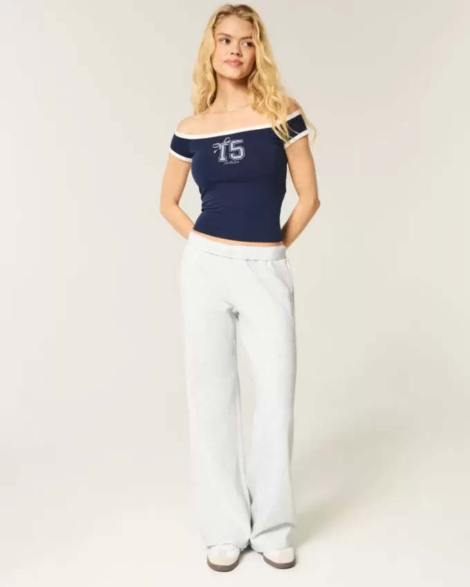 Pantaloni de sport cu picioare largi cu buzunar inimă Pantaloni de sport cu picioare largi cu buzunar inimă