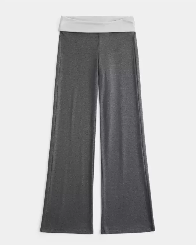 Pantaloni evazați din tricot cu talie pliabilă Pantaloni evazați din tricot cu talie pliabilă