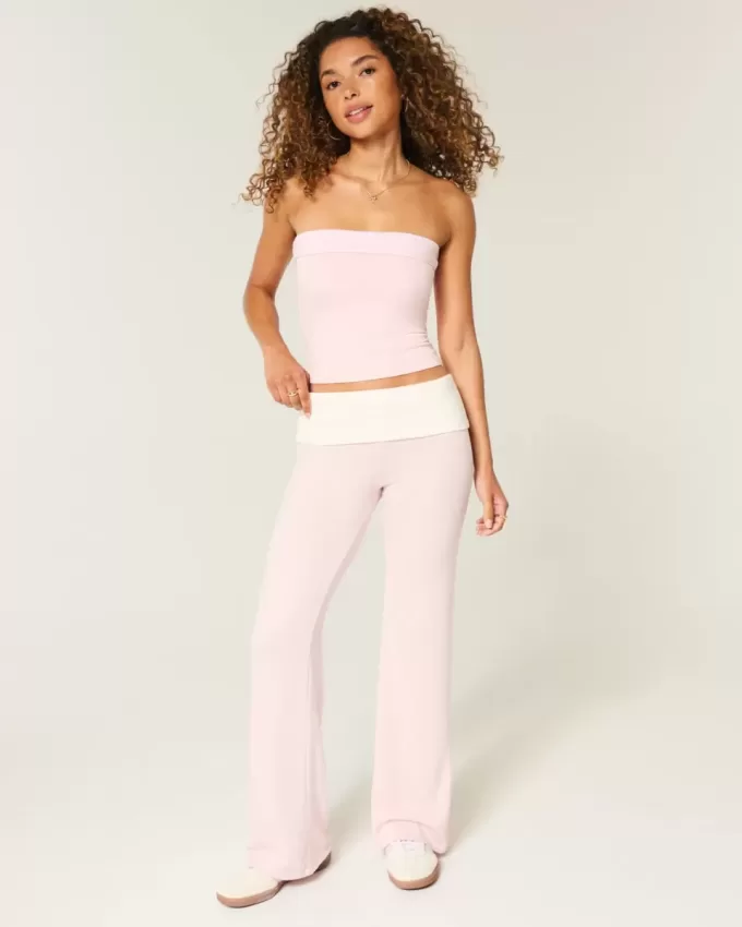 Pantaloni evazați din tricot cu talie pliabilă Pantaloni evazați din tricot cu talie pliabilă