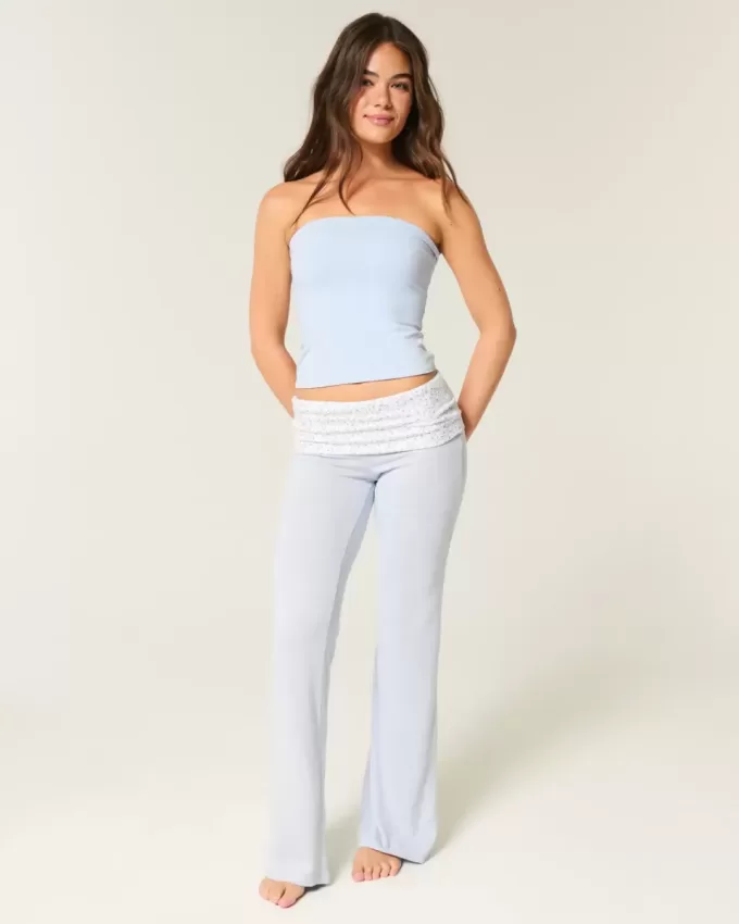 Pantaloni evazați din tricot cu talie pliabilă Pantaloni evazați din tricot cu talie pliabilă