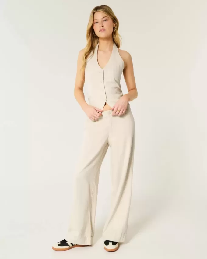Pantaloni Hollister Livvy, cu talie joasă, cu picioare largi