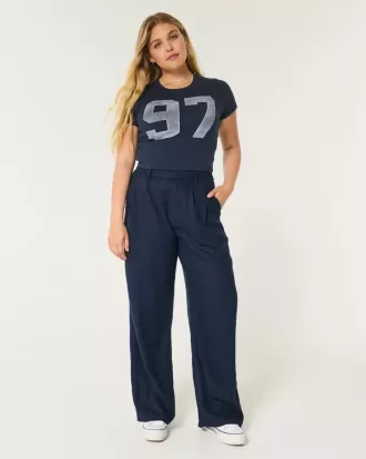 Pantaloni largi Hollister Livvy cu talie înaltă în amestec de in