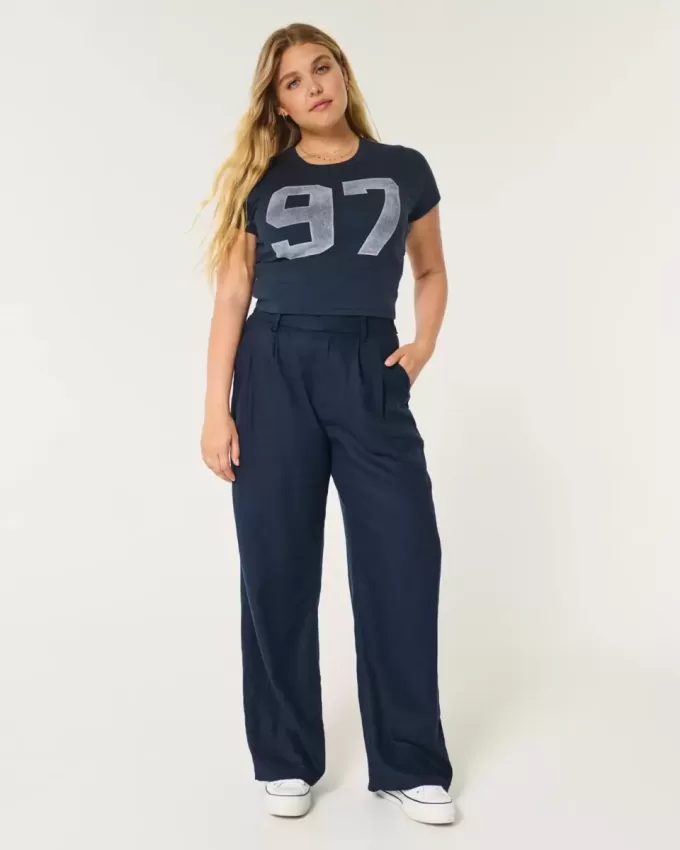 Pantaloni largi Hollister Livvy cu talie înaltă în amestec de in