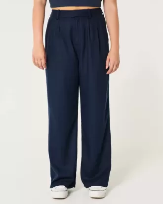 Pantaloni largi Hollister Livvy cu talie înaltă în amestec de in