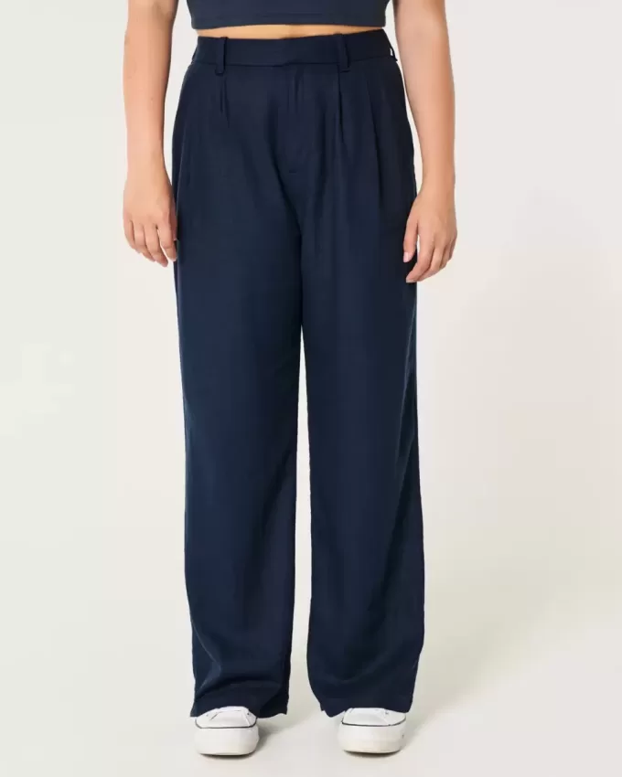 Pantaloni largi Hollister Livvy cu talie înaltă în amestec de in