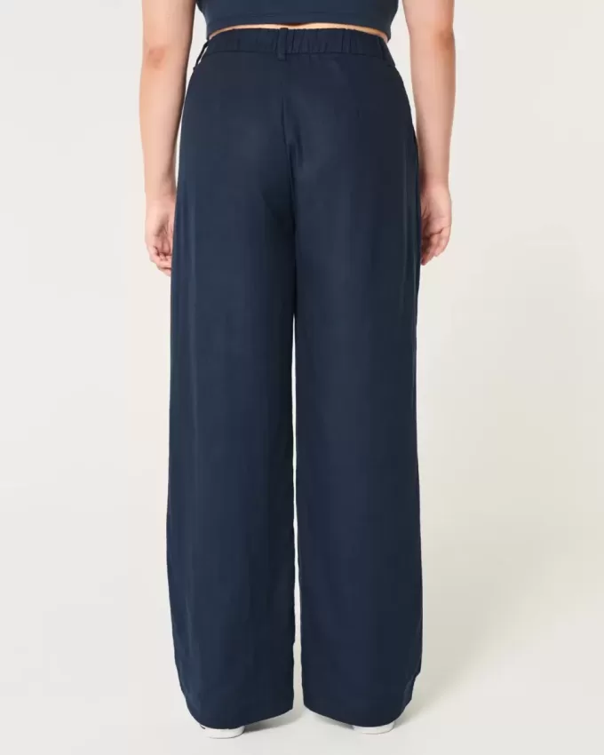 Pantaloni largi Hollister Livvy cu talie înaltă în amestec de in