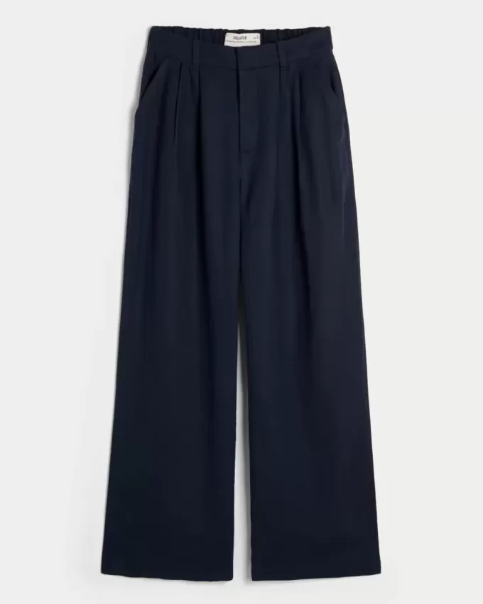 Pantaloni largi Hollister Livvy cu talie înaltă în amestec de in