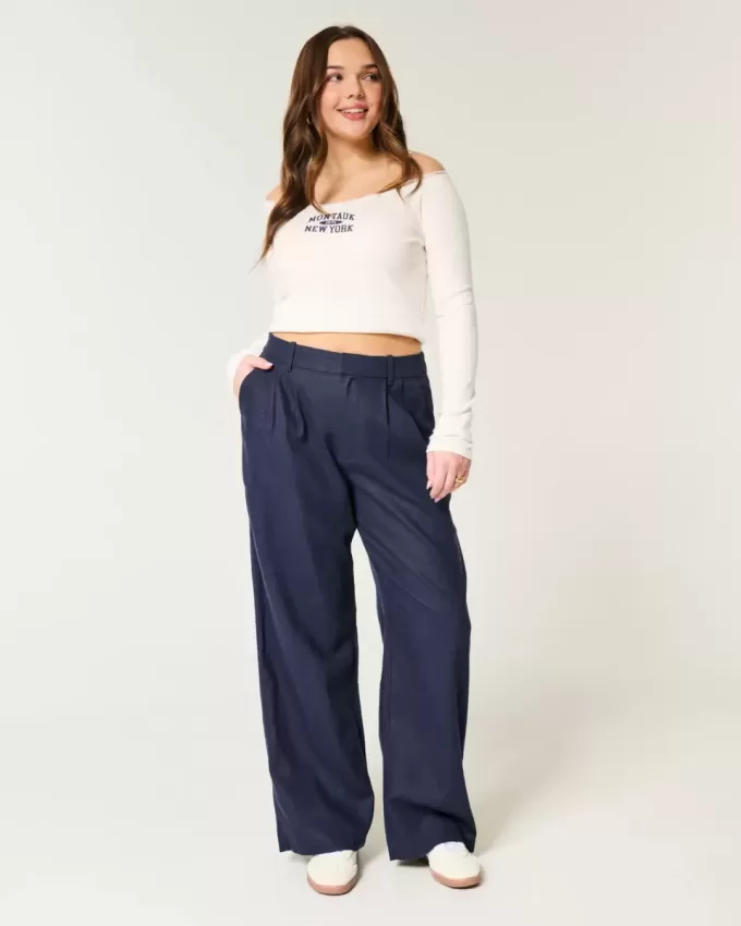 Pantaloni largi Hollister Livvy, cu talie ultra înaltă, din amestec de in